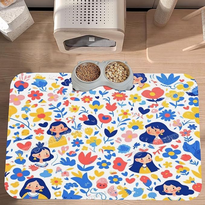 Dog Food Mat Happy Mother's Day Floral Gift for Mom Ck Absorbent Water Bowl Mats Cat Pet Feeding Placemats 24x16In