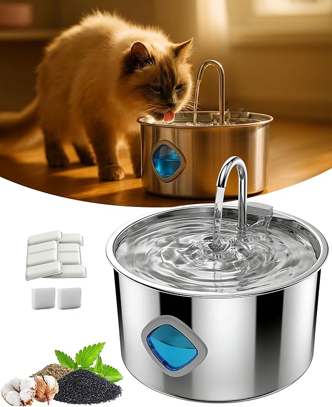 Vetiflow - Vetiflow Dog Water Bowl 3.2L, Stainless Steel Water Bowl with Continuous Flow & 4-Stage Filtration, Quiet Pump, Easy-Clean Design, Fresh Drinking Fountain for Dogs Cats (+4 Filters)