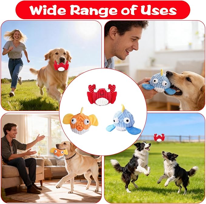 Squeak Dog Toys for Aggressive Chewers, No Stuffing Squeak Dog Chew Toys for Aggressive Chewers, Interactive Dog Toy Ball with Crinkle Paper for Medium Dogs, Large & Small Breeds (F-Whale+Fish)