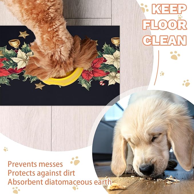 Red Poinsettia Dog Food Mat for Floors Absorbent, Quick Dry Water Dispenser Mat for Food, Water, Pet Supplies 17" x 30", Bell Star