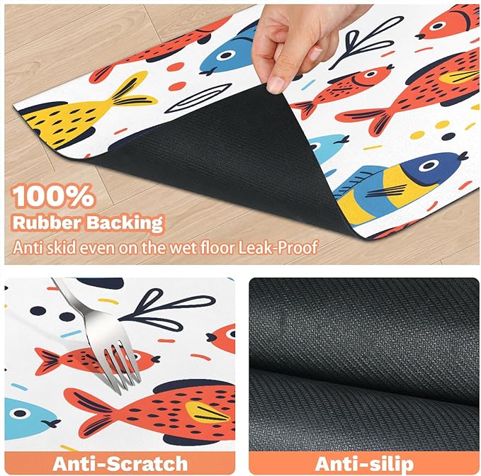Colorful Fish Dog Food Mat for Floors Absorbent Dog Bowl Mat for Food and Water Dispenser Quick Dry Cat Food Placemat Pet Supplies 24" x 32", Ocean