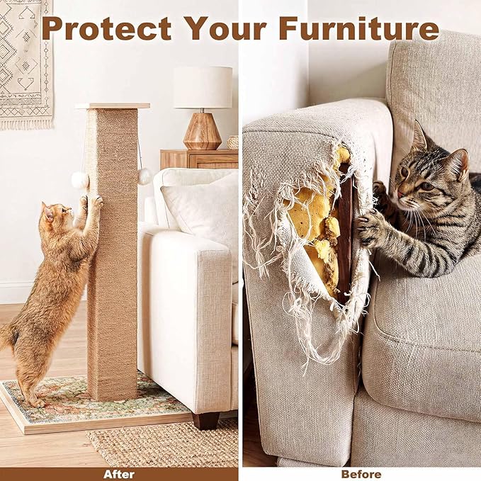 Tall Cat Scratching Post, 33" Boho Carpet Cat Scratcher with Perch for Indoor Cats, Large Base Sisal Scratch Post for Adults & Kittens with Dangling Ball Toy