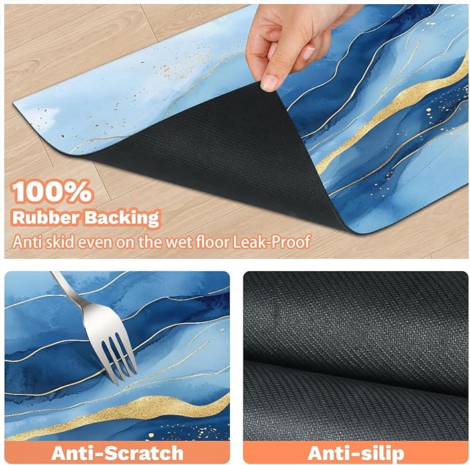 Marble Dog Food Mat for Floors Absorbent, Quick Dry Water Dispenser Mat for Food, Water, Pet Supplies 24" x 32", Blue Gold Abstract