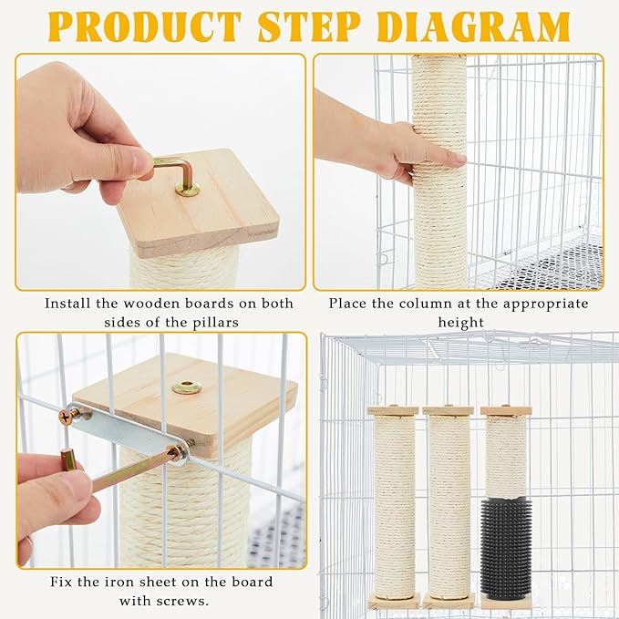 Aliceset 3 Pack Cat Scratching Post for Crate Cage 13 Inch Wooden Sisal Cage Mounted Scratching Post with Self Groomer and Massager for Grinding Claws and Climbing