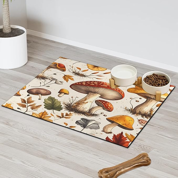 Retro Mushroom Dog Food Mat for Floors Absorbent Dog Bowl Mat for Food and Water Dispenser Quick Dry Cat Food Placemat Pet Supplies 16" x 24", Fall Leaves