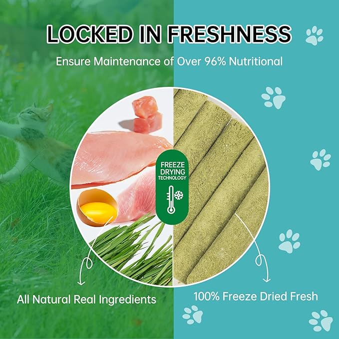 Cat Grass Teething Stick Treats - Natural Freeze Dried Pet Snack for Cat Chew Teeth Cleaning & Hairball Removal (75g