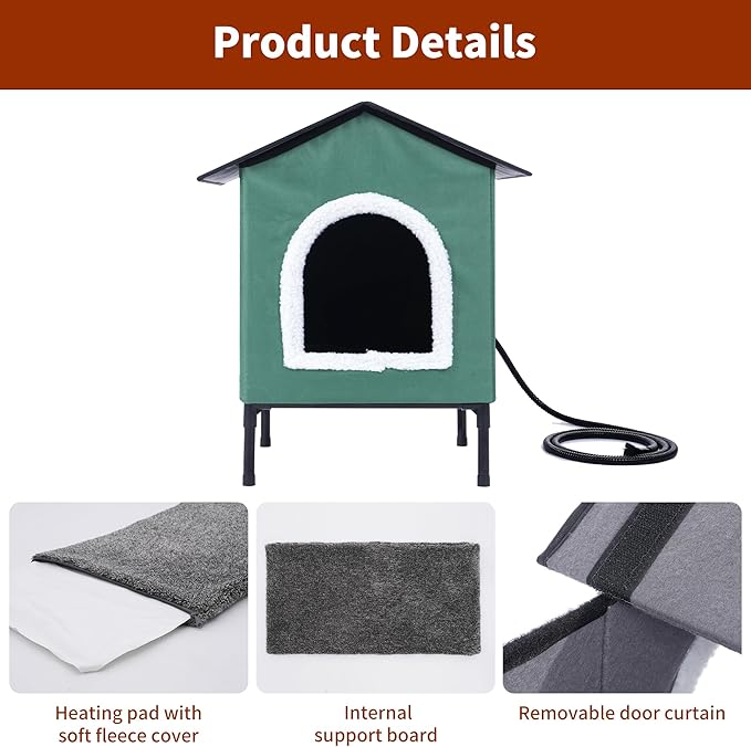 Heated Cat House for Indoor/Outdoor Use, Elevated/Insulated Feral Cat House, Heated Cat Bed with Pets Heating Pad, Warm House for Outside Stray Cats (Green,Medium)