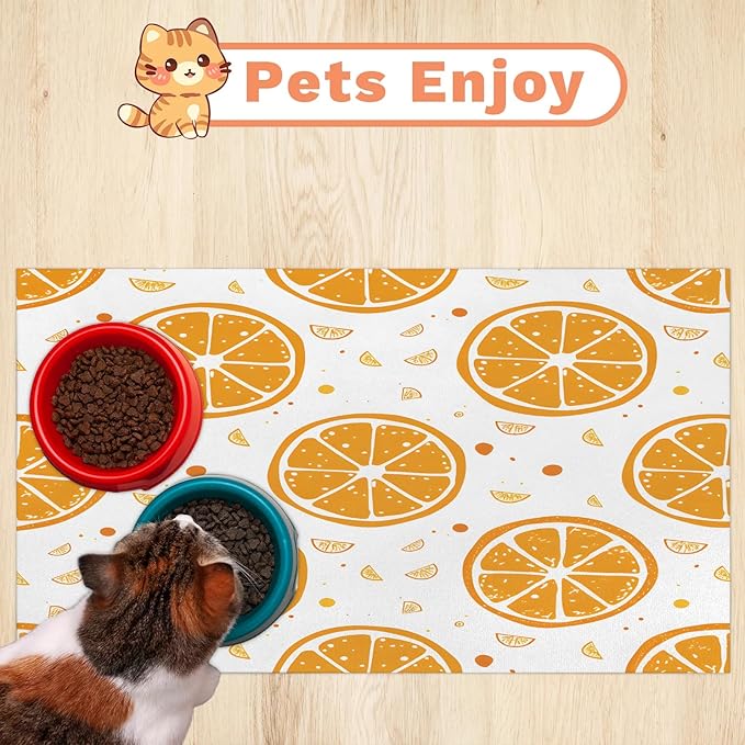 Summer Lemon Dog Food Mat for Floors Absorbent Dog Bowl Mat for Food and Water Dispenser Quick Dry Cat Food Placemat Pet Supplies 12" x 20", Watercolor Fruit
