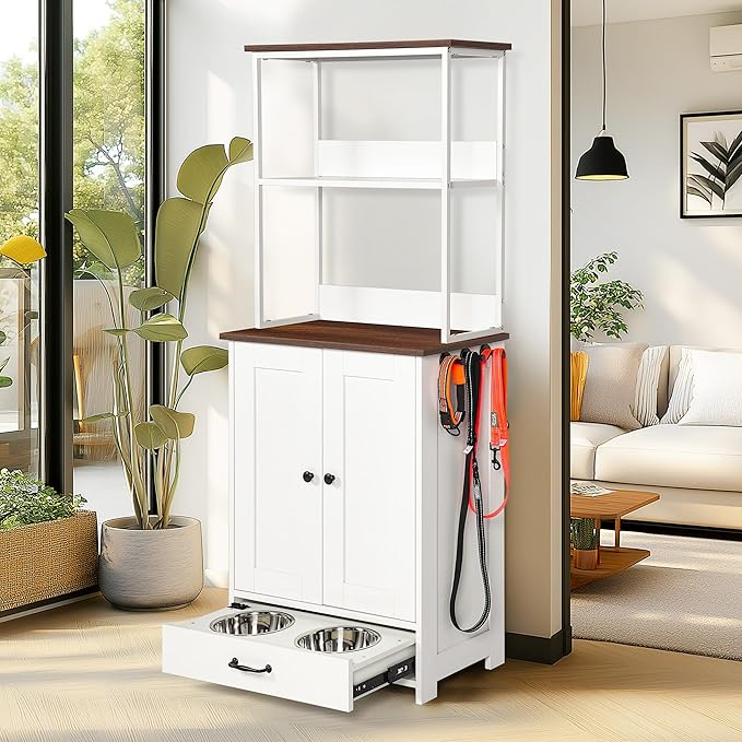 Pet Feeding Station with Bowls, Adjustable Panel, Dog Feeding Station with Storage, Pet Feeder Station for Dogs Cats for Feeding & Watering Supplies,Dog feeding station with 2-level shelving White