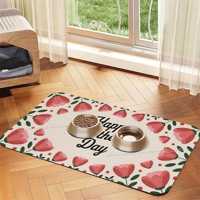 Pet Feeding Mat Happy Mother's Day Floral Gift Mom Et Absorbent Pet Placemat for Food Water Bowl with Waterproof Rubber Backing 24x16In Quick Dry Water Dispenser Mat Dog Cat