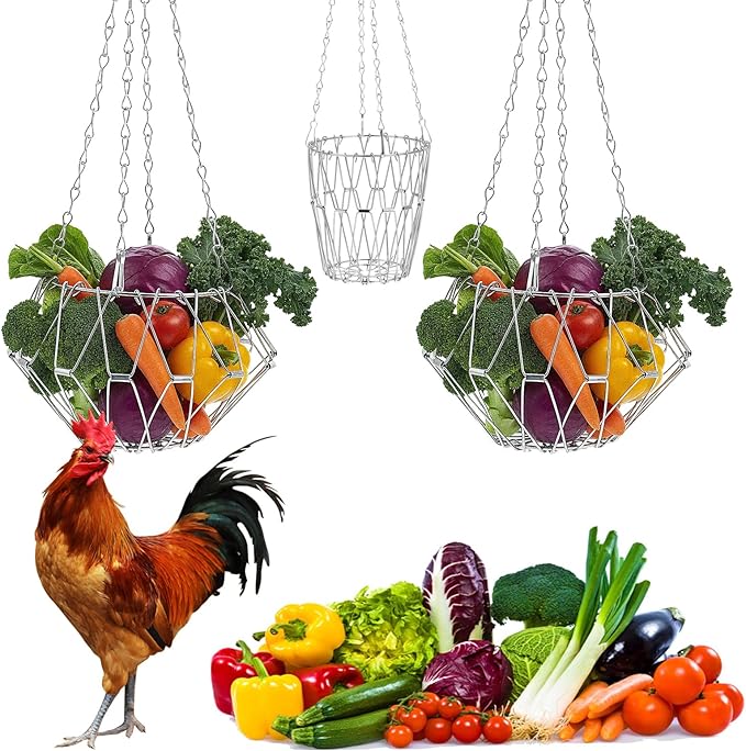 2 Pack Hanging Chicken Feeder, 9.2IN Large Foldable Chicken Treat Dispenser Vegetable and Fruit Food Utensils Basket,Sack Coop Rabbit Hens Duck Poultry Bowl with 4pcs Hanging Chain