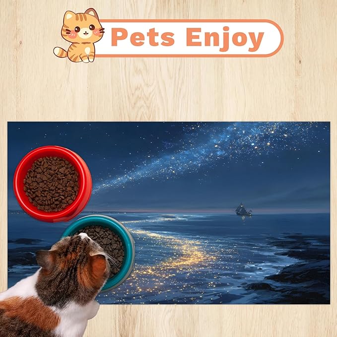 Ocean Dog Food Mat for Floors Absorbent, Quick Dry Water Dispenser Mat for Food, Water, Pet Supplies 12" x 20", Galaxy Star