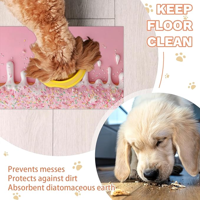 Ice Cream Dog Food Mat for Floors Absorbent Dog Bowl Mat for Food and Water Dispenser Quick Dry Cat Food Placemat Pet Supplies 12" x 20", Pink Sweet