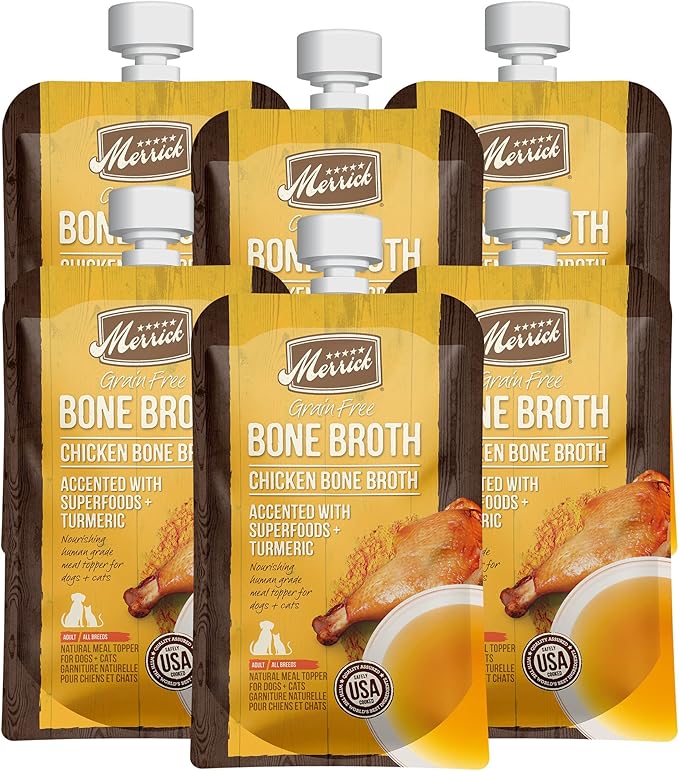 Merrick Grain Free Bone Broth Natural Meal Topper for Dogs, Accented with Superfoods & Cinnamon, for Adult Dogs of All Breeds Chicken, 7 Ounce,(Pack of 6)