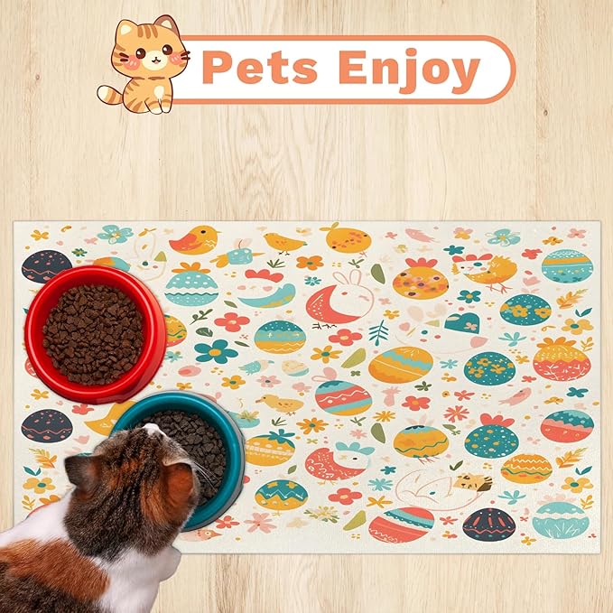 Easter Egg Dog Food Mat for Floors Absorbent Dog Bowl Mat for Food and Water Dispenser Quick Dry Cat Food Placemat Pet Supplies 12" x 20", Chicken Flower