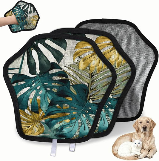 Palm Leaves Pattern Electrostatic Pet Hair Removal Glove for Cats & Dogs - Reusable Grooming Mitt for Couch, Carpet, Car Seat & Laundry - Large 9x9 Inch