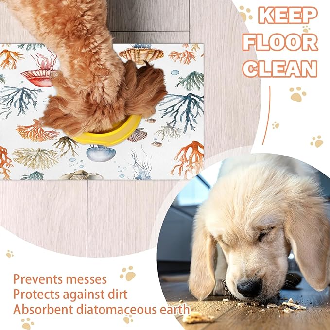 Sea Jellyfish Dog Food Mat for Floors Absorbent Dog Bowl Mat for Food and Water Dispenser Quick Dry Cat Food Placemat Pet Supplies 16" x 24", Coral Coastal