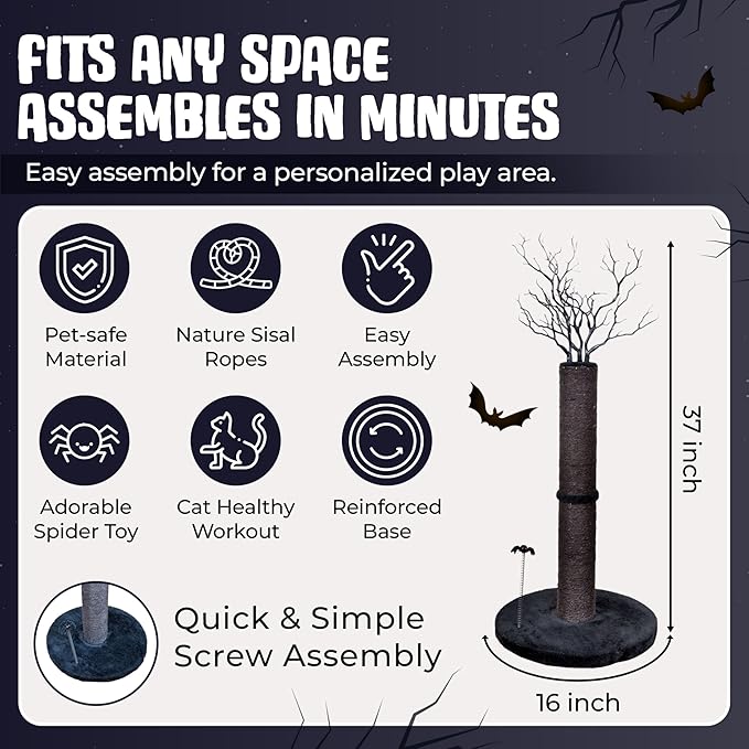 Black Cat Scratching Post – 37” Cute Cat Scratching Post Featuring Durable Sisal, Spooky Tree Design & Spider Goth Cat Toys for Indoor Cats