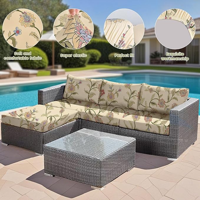 HANDONTIME 8Pcs Patio Cushion Covers Stretch Outdoor Couch Cover Replacement Cushions for Outdoor Furniture Waterproof Patio Furniture Cover for Pets Sofa Covers Washable (Boho Floral,Cover Only)