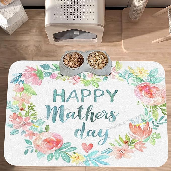 Pet Cat Dog Food Mat Absorbent Dog Feeding Mat Happy Mother's Day Floral Gift Mom Ec No Stains Cat Food Mats Indoor Pet Accessories Supplies Dogs Placemat Water Bowl Mats with Rubber Backing 18X12In