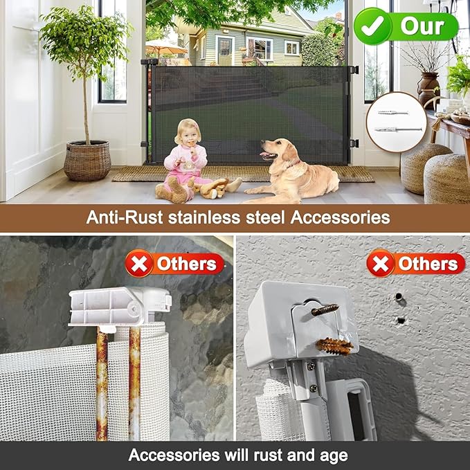 Weatherproof Outdoor Retractable Baby Gates for Decks with No Rust Screws and Rods, 72" Wide Waterproof Outdoor Baby Gate, 6 ft Scratch-Resistant Mesh Retractable Dog Gate for Parents and Pet Owners