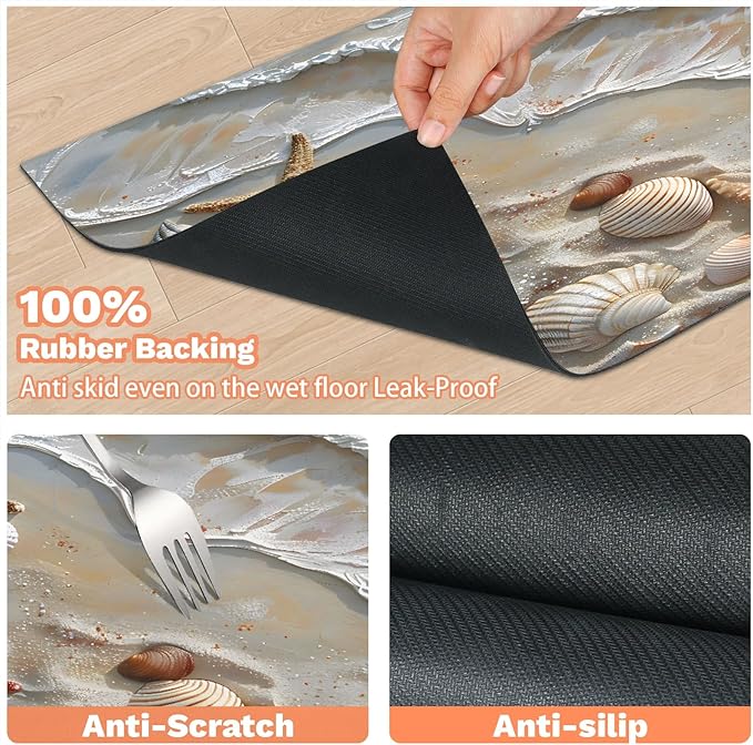 Nautical Coastal Dog Food Mat for Floors Absorbent Dog Bowl Mat for Food and Water Dispenser Quick Dry Cat Food Placemat Pet Supplies 12" x 20", Beach Seashell Starfish
