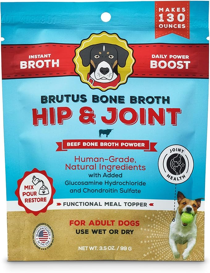 Brutus Broth Dog Food Topper - Instant Bone Broth Powder for Adult Dogs - Supports Hip and Joint Function - Human-Grade Quality - Serve Dry or Wet - Beef Flavor - 3.5 oz Pack (Makes 130 oz with Water)