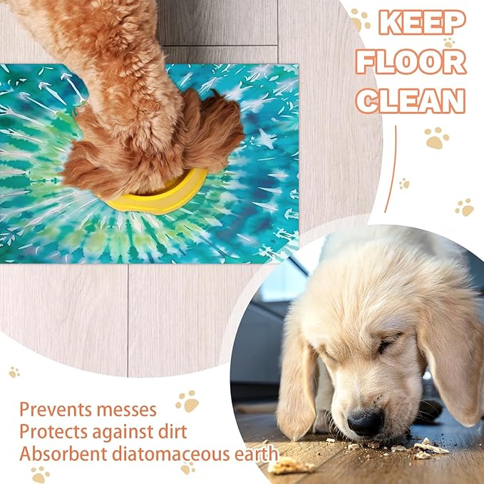 Tie Dye Dog Food Mat for Floors Absorbent, Quick Dry Water Dispenser Mat for Food, Water, Pet Supplies 24" x 32", Blue Green