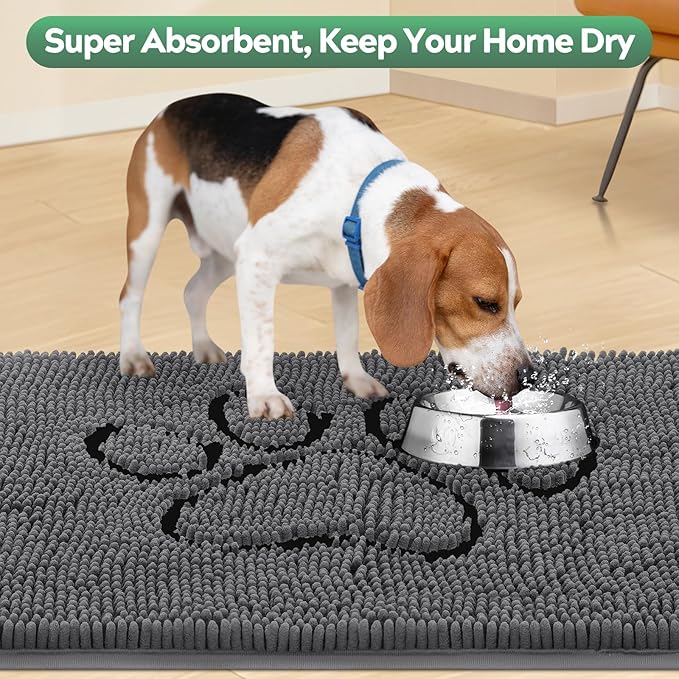 Dog Door Mat for Muddy Paws, Pet Rug Chenille Absorbent Outdoor Doormat 36"x 24", Non Slip Heavy Indoor Doormat Soft Front Inside Doormats for Entryway, Mud Paws, Patio,Dog Paw Black Grey