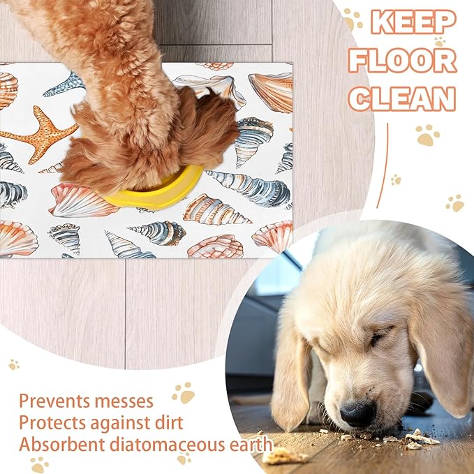 Starfish Seashell Dog Food Mat for Floors Absorbent Dog Bowl Mat for Food and Water Dispenser Quick Dry Cat Food Placemat Pet Supplies 17" x 30", Nautical Coastal
