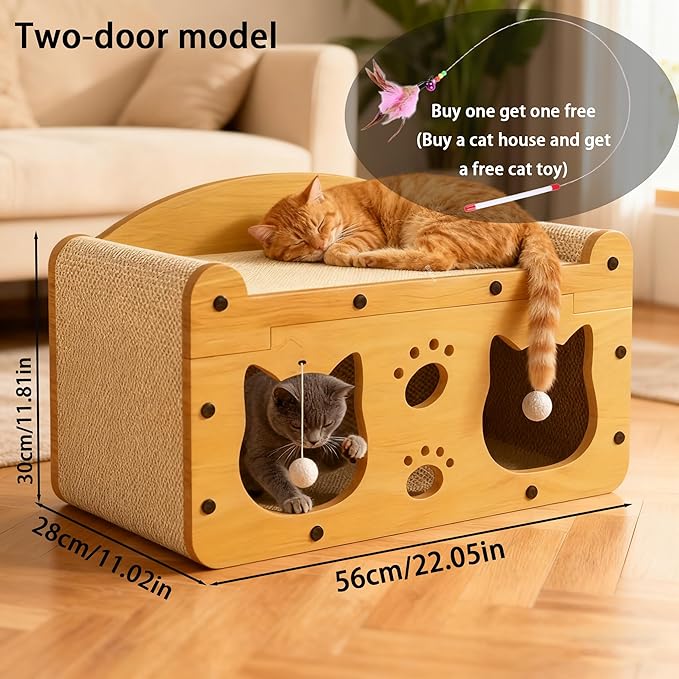 Cat Scratcher House for Indoor Cats, Sturdy MDF Frame 2-in-1 Cat Furniture Lounge Bed & Scratching Post, Large Cardboard Cat Hideaway with Teaser Toy (22.05inch Length Double Doors)