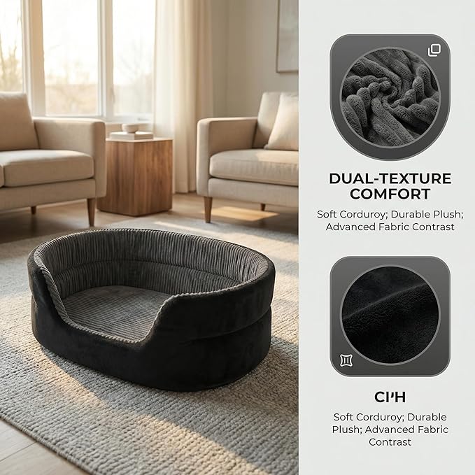 Medium Dog Bed Cat Bed 18x26 Inch, Calming Pet Bed for Small Dogs & Cats, Half-Enclosed Open-Top Velvet Anti-Anxiety Bed, Machine Washable Cozy Snuggle Bed (Black)