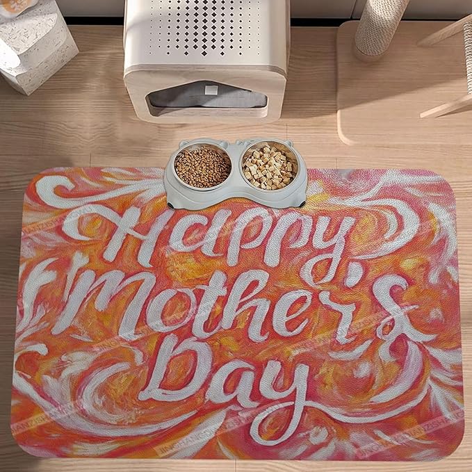Non Slip Mat for Dog Pet Cat Dog Food Mats Happy Mother's Day Floral Gift for Mom Ix Water Bowl Mat Quick Dry Absorbent Cat Feeding Mats 24x16In