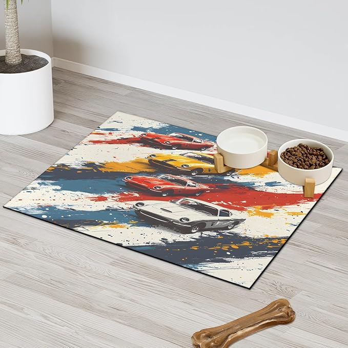 Race Car Dog Food Mat for Floors Absorbent, Quick Dry Water Dispenser Mat for Food, Water, Pet Supplies 17" x 30", Retro Car