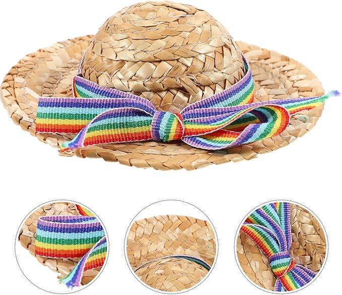 Dog Straw Hat Woven Pet Hat with Natural Straw Bow for Small to Medium Dogs Pet Supply for Photo Shoot and Birthday Celebration