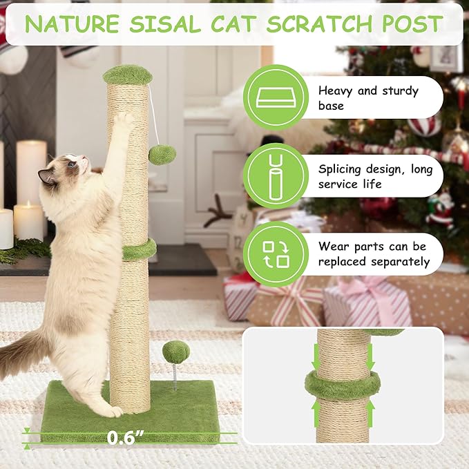 22 Inch Cat Scratching Post Cat Scratcher, Natural Sisal Rope Scratch Post Trees with Hanging Ball for Indoor Kittens
