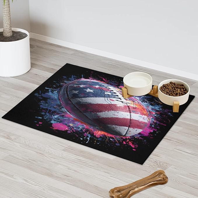 Rugby American Flag Dog Food Mat for Floors Absorbent, Quick Dry Water Dispenser Mat for Food, Water, Pet Supplies 24" x 32", 4th of July