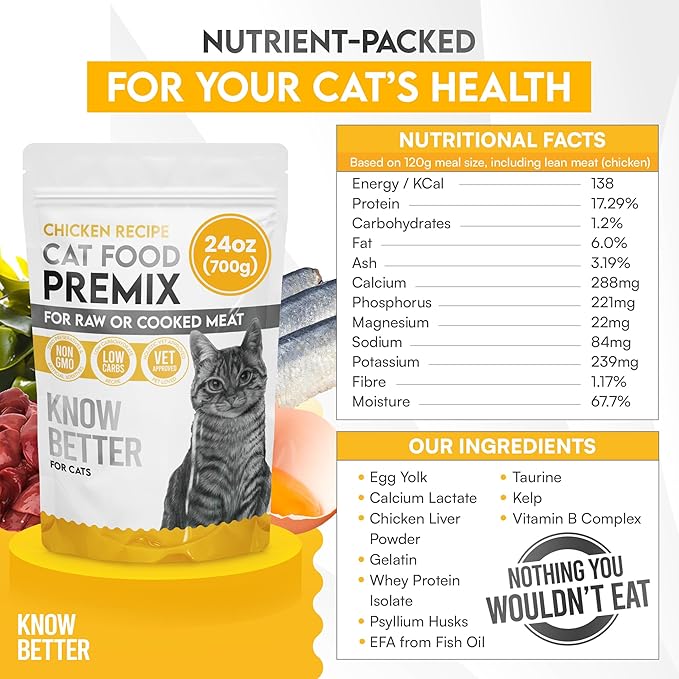 Know Better Chicken Recipe Premix for Raw Or Cooked Cat Food - Natural Supplies Meal Mix with Taurine for Cats - Indoor Cat Food, Raw Nutrition Meal, Feline Premix for Homemade Cat Food - 24 Oz