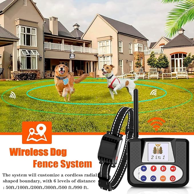 Wireless Dog Fence, Electric Dog Fence & Remote Training Shock Collar 2-in-1,Waterproof Rechargeable, Cover Up to 8 Acre, Portable Pets Safe Containment System for Outdoor,Yard,Indoor,,for2dogs