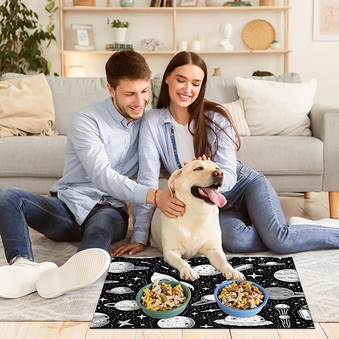 Outer Space Dog Food Mat for Floors Absorbent, Quick Dry Water Dispenser Mat for Food, Water, Pet Supplies 16" x 24", Space Rocket