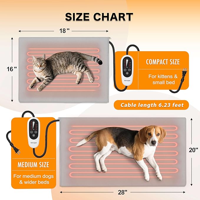 Pet Heating Pad for Cats and Small Dogs – Heated Cat Bed with 4-Level Timer & 6-Level Temperature, Waterproof Indoor Warming Mat with Chew-Resistant Cord & Soft Washable Cover, 16"x18"