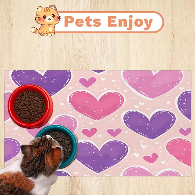 Colorful Heart Dog Food Mat for Floors Absorbent, Quick Dry Water Dispenser Mat for Food, Water, Pet Supplies 12" x 20", Love