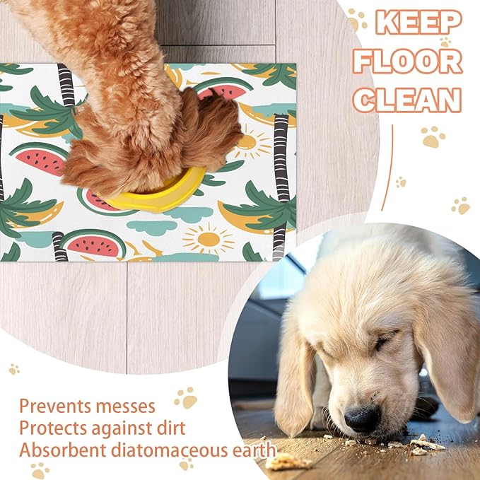 Palm Tree Dog Food Mat for Floors Absorbent, Quick Dry Water Dispenser Mat for Food, Water, Pet Supplies 12" x 20", Watermelon