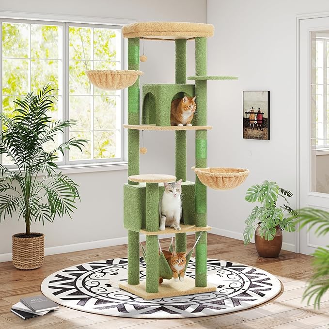 71.2 Inches Cactus Tall Cat Tree for Large Cats, Multi-Level Cat Tower with 2 Cozy Condos, Super Large Top Perch, 3 Hammocks, Sisal Scratching Posts and 2 Pompoms, Green