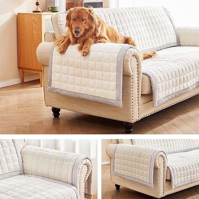 Couch Cover for Dogs Washable,Anti-Slip Back Cat Mat Pet Pad Blanket for Furniture Protector,Fuzzy Pet Sofa Cover for 3 Cushion Couch Sofa Pets Friendly (Ivory, 2pc/22"x28"-Arm/Backrest Cover)