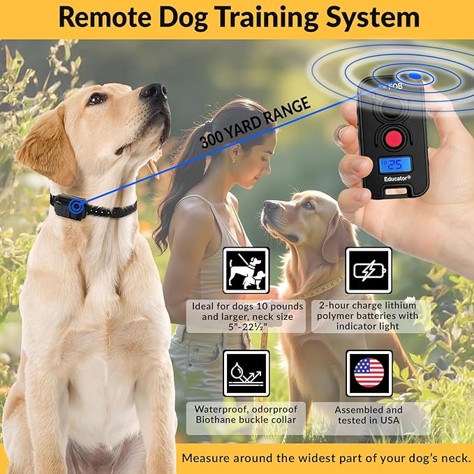 Educator FOB 300 Yard Dog Training Collar with Remote – Humane Stimulation & Pavlovian Tone – Waterproof, Rechargeable, Biothane Collar, Night Light – 1 Dog – Black
