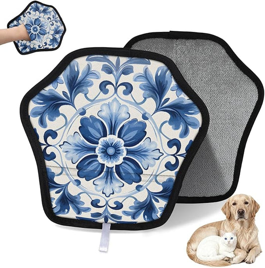 Vintage Flower Blue White Electrostatic Pet Hair Removal Glove for Cats & Dogs - Reusable Grooming Mitt for Couch, Carpet, Car Seat & Laundry - Large 9x9 Inch