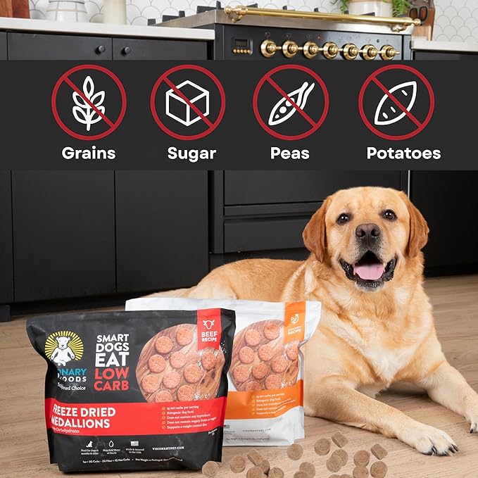 Visionary Pet Foods Low Carb Keto Dry Dog Food – Freeze Dried Raw Real Beef, <1g Net Carbs Per Cup, Grain Free High Protein, Diabetic Friendly, Natural Dog Food Made in USA, 25 oz