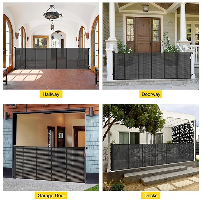 Reinforced 42” Tall x 100” Extra Wide Retractable Baby Gates for Doorways Extra Tall Pet Gate with Rods to Prevent Crawling Through, Dog Gate for Large Openings Extra Long Mesh Gate, Black