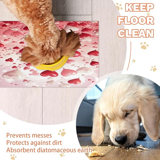 Happy Valentine's Dog Food Mat for Floors Absorbent, Quick Dry Water Dispenser Mat for Food, Water, Pet Supplies 12" x 20", Pink Love